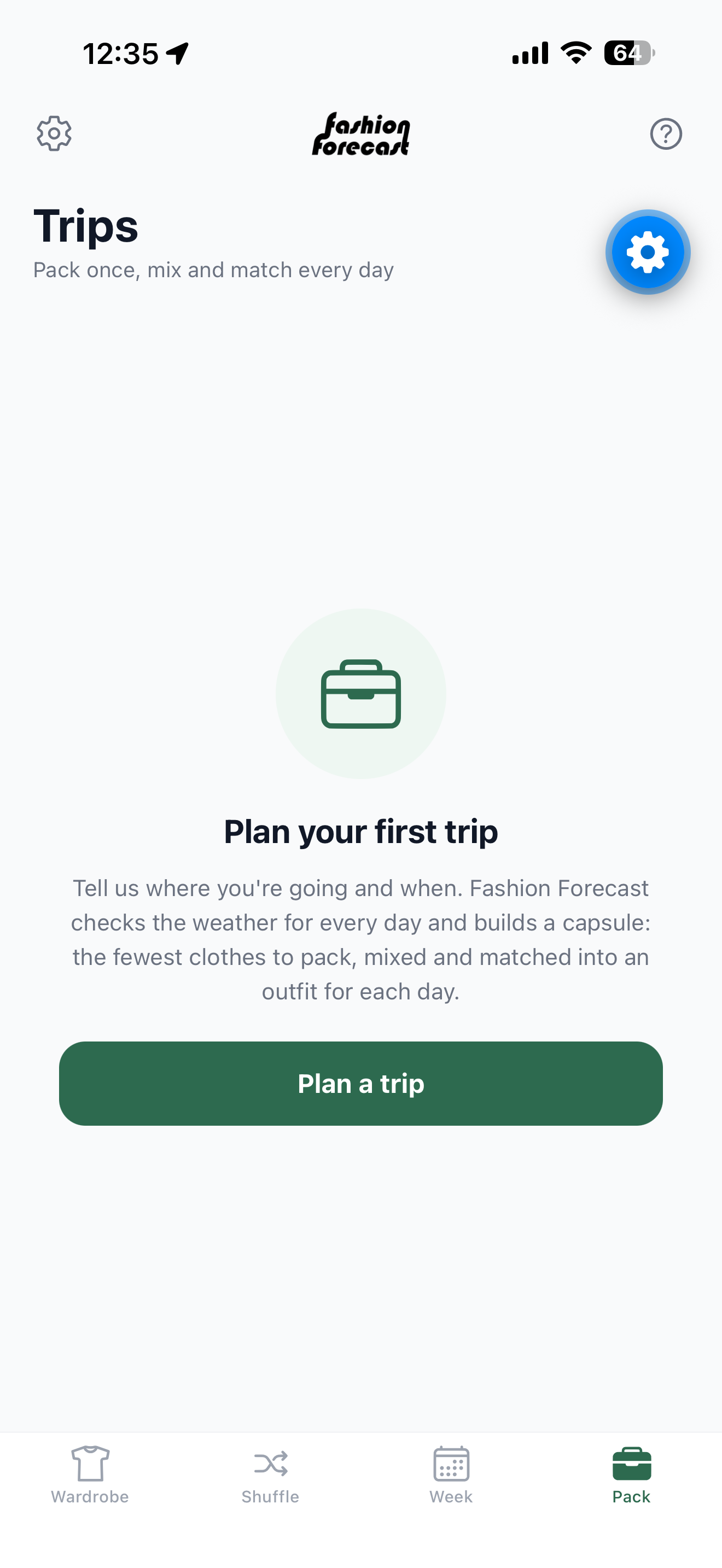 Fashion Forecast app screen showing trip planning
